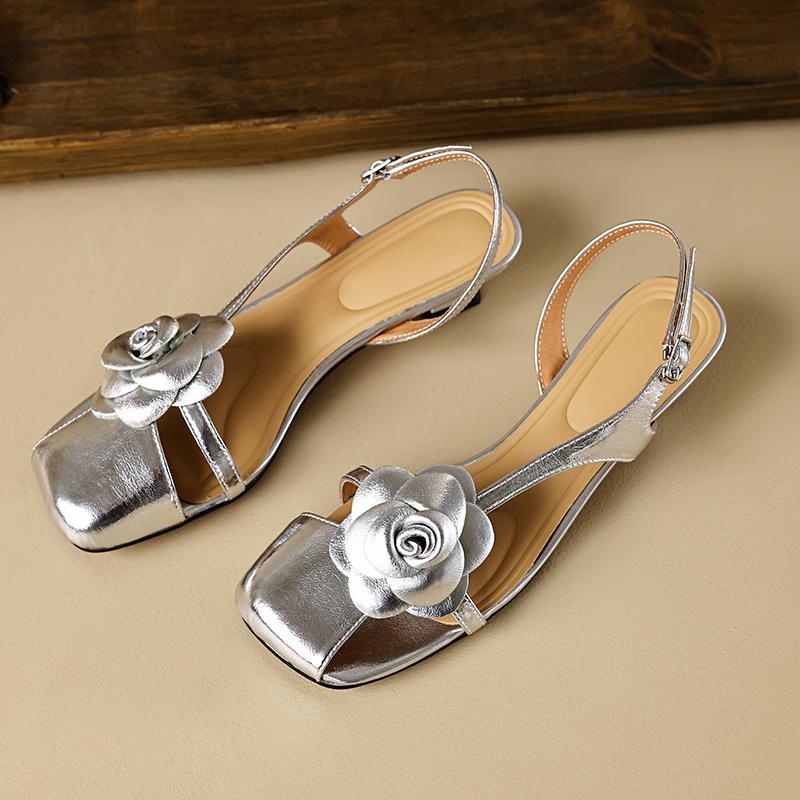 Ladies Shoes Closed Flowers Silver with Low Heels Women's Sandals Anti Slip Hot Summer 2025 Comfortable Vintage Comfort Price