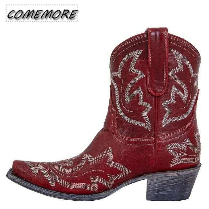 Embroidery Botas Mujer Leather PU Cowboy Ankle Boots for Women's Wedge High Heel Boots Snake Print Western Cowgirl Boots Autumn