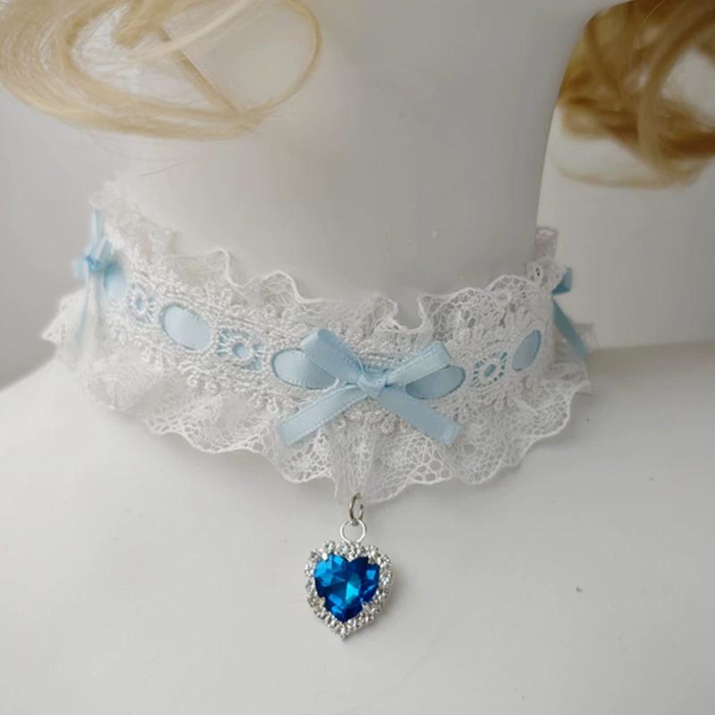 30cm Aesthetic Bow Lace Choker with Heart Gem Charm for Girls Necklace Collar Lcae Band Lolita Dancing Jewelry for Wedding Party