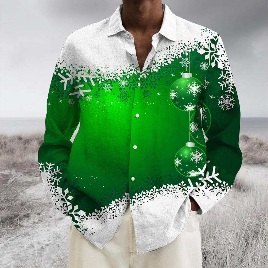 Man Christmas Scene Print Shirt Santa Claus Deer Lapel 3D Outdoor Long Sleeve Button-Up Print Fashion Designer Style