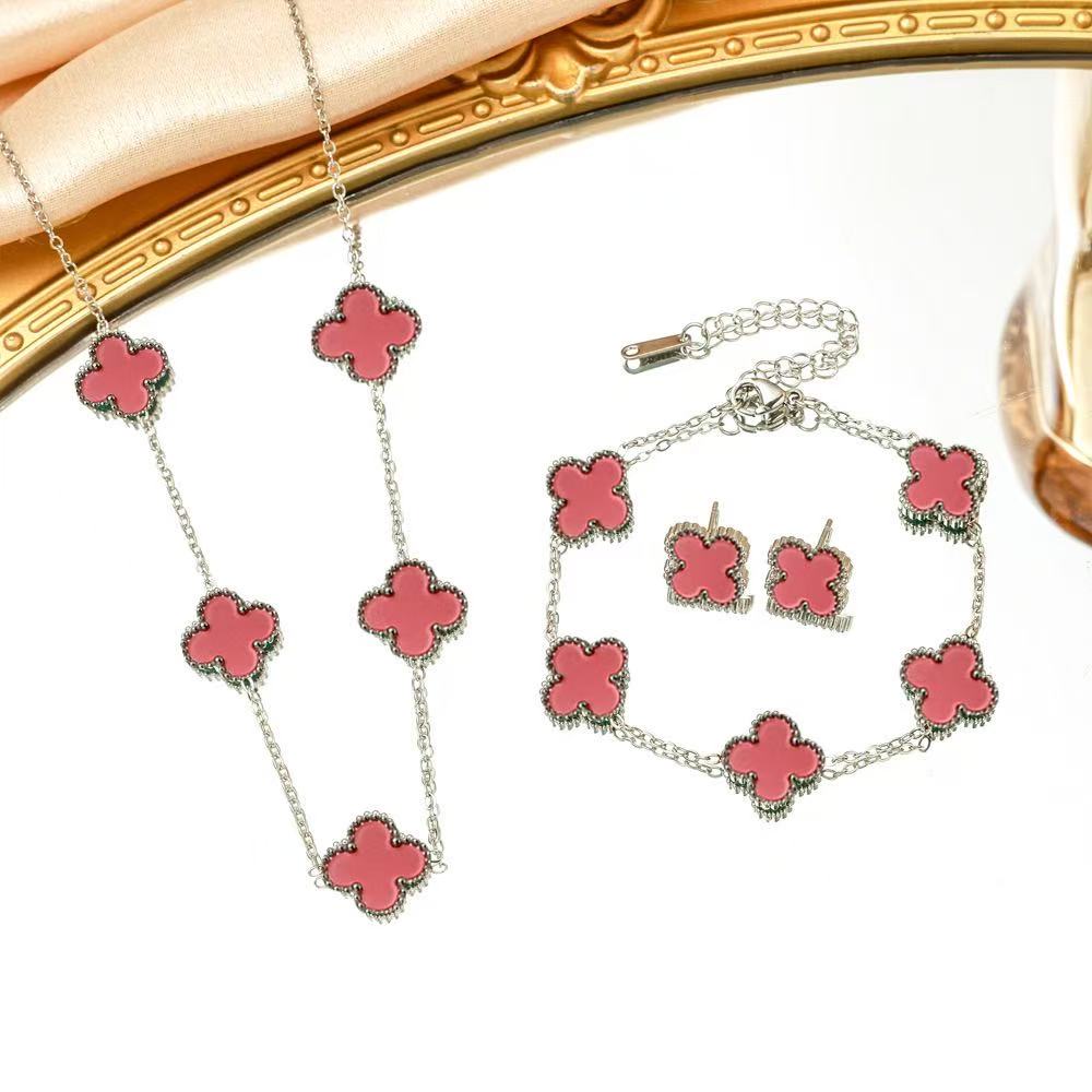3PCS Titanium Steel Non Fading Double-sided Clover Necklace Bracelet Earring Set