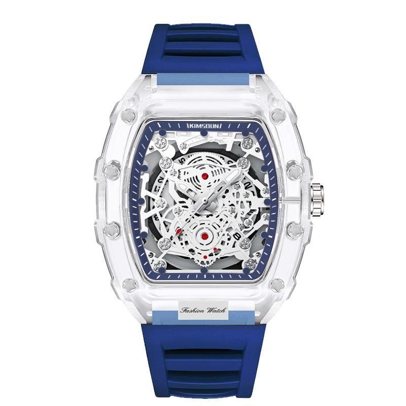 Fashionable Casual Men's Watch Luminous Calendar Function Silicone Strap Tonneau Shaped Transparent Case Men Quartz Watch Reloj