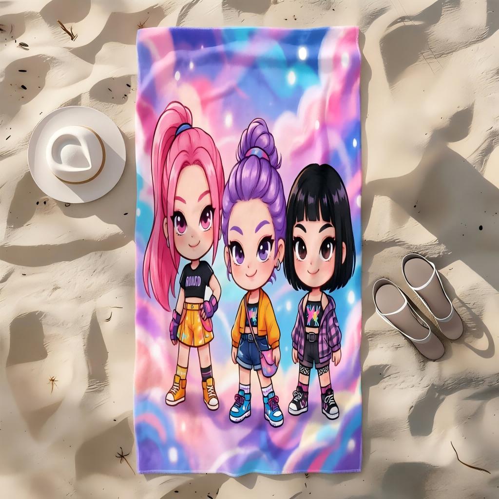 Kawaii Chibi Anime K-pop Girl Beach Towel Purple Galaxy Printed Microfiber Poncho Soft Absorbent Towel for Kids Adults Beach