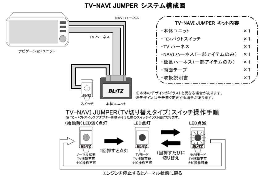 BLITZ TV Canceller Kit with Navigation Control Manual TV for Toyota NSL02 In-Car [TV-NAVI JUMPER] (with Switch, Display)