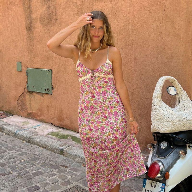 

Принцесса Полли Мода Сексуальное Кружевное Шитье Цветочное Платье на Бретелях Сексуальный V-образный вырез Обтягивающее Длинное Платье Color short style M