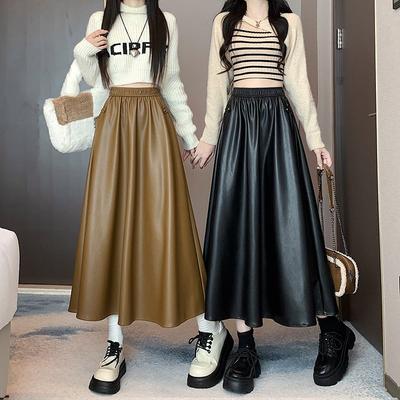Women's Leather Skirt Autumn Winter Elastic Waist Solid PU A-Line Skirt
