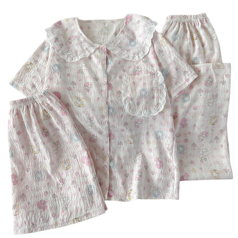 Cloud Cotton Pajamas Women'S Summer Short Sleeves Cute Cartoon Doll Collar Loungewear Three-Piece Set
