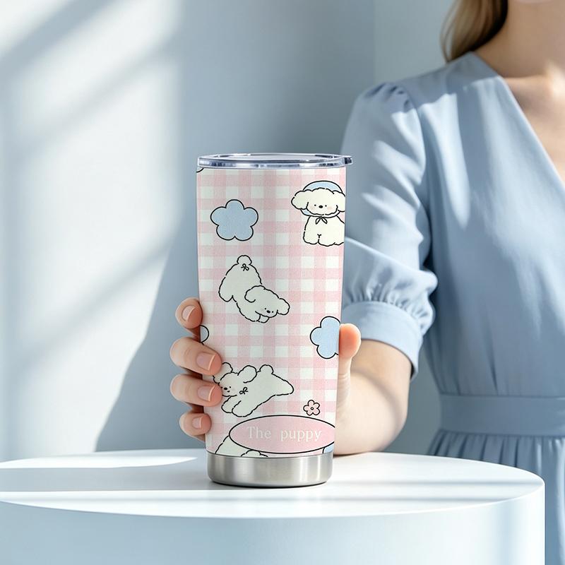 591ml Car Tumbler(1 Random Straw Included)Pink Plaid Curly Dog Cloud Flower MotifCreative Gift Cup Car Cup Large Iced Cup