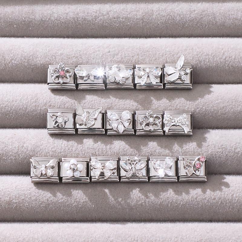 New Shiny Zircon Heart Butterfly Flower Star Bow Italian Charm Links Fit 9MM Stainless Steel Bracelet Girls' DIY Making Gift