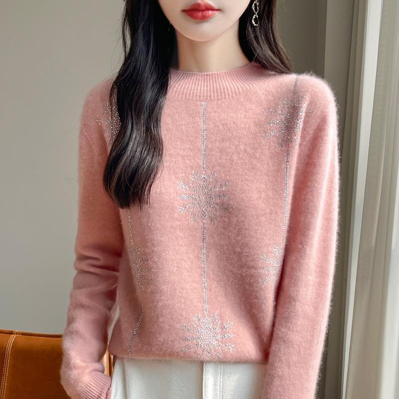 Women S Loose Fit Half Turtleneck Pullover Sweater With Rhinestones