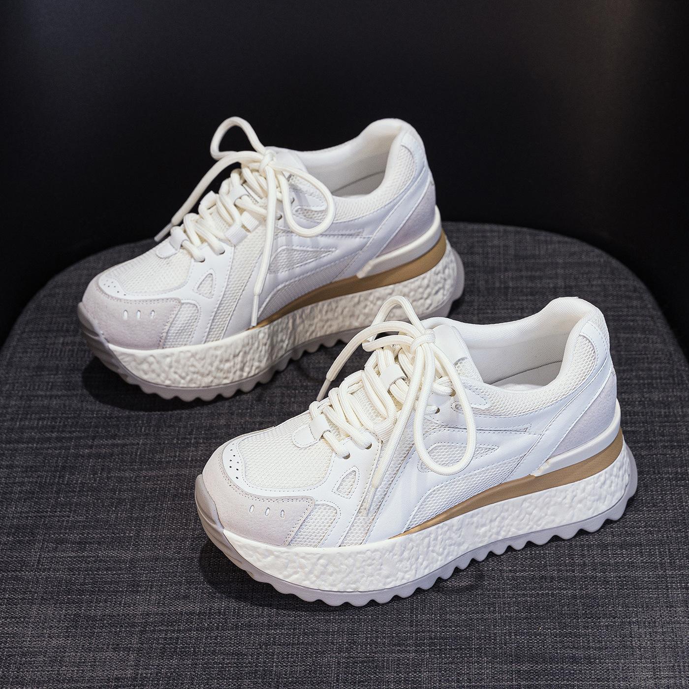 

Модная женская спортивная обувь на толстой подошве, осенний новый стиль, круглый носок, цветной блок, повседневная модная обувь, кроссовки «папины», красный цвет 40 бежевый