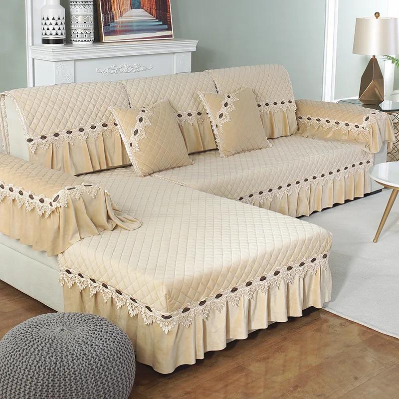 Plyšový potah na pohovku Evropský styl Moderní Protiskluzový Přehoz Potah na pohovku do obývacího pokoje Krajková dekorace Polštář na pohovku ve tvaru L