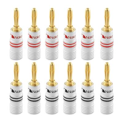 Nakamichi Banana Plugs 24K Gold Plated Speaker Cable Connectors Aluminum Metal Shell Gauge Size 4mm Pieces Banana 12AWG-18AWG (12 (6 Pairs), Plugs)