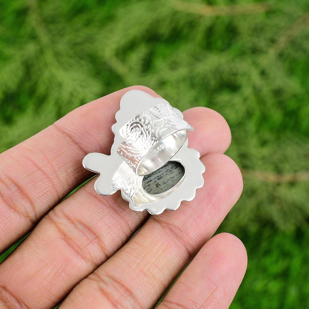 Gift For Women Promise Adjustable Ring 925 Silver Natural Silver Leaf Jasper