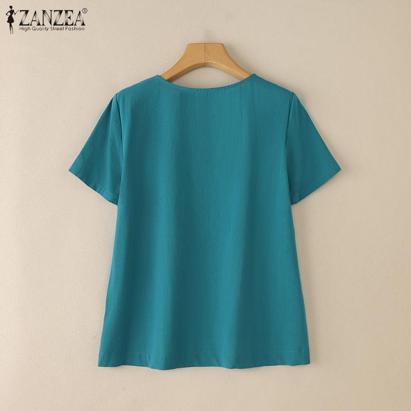 ZANZEA Women Casual Round Neck Summer Short Sleeve Cotton Tops