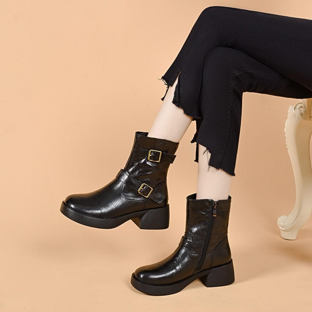 Medium Boots Women's 2025 Autumn and Winter Round Head Thick Heel Martin Boots Double-breasted Belt Buckle Casual Leather Boots European and American