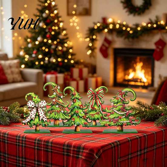 Vintage Cartoon Style Ornaments 5 Pcs Wooden Tabletop Christmas Tree Signs, Rustic Standing Green Festive Party Table Decorations Desktop Ornament