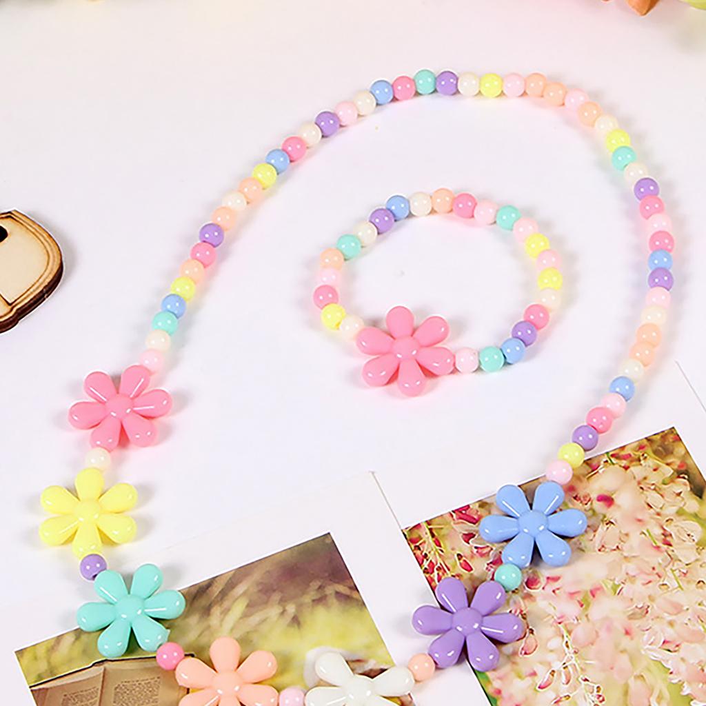 Cuteness Flower Rainbow Necklace and Bracelet Set Charm Jewelry Set Colorful Beads Jewelry Plastic Texture for Girls