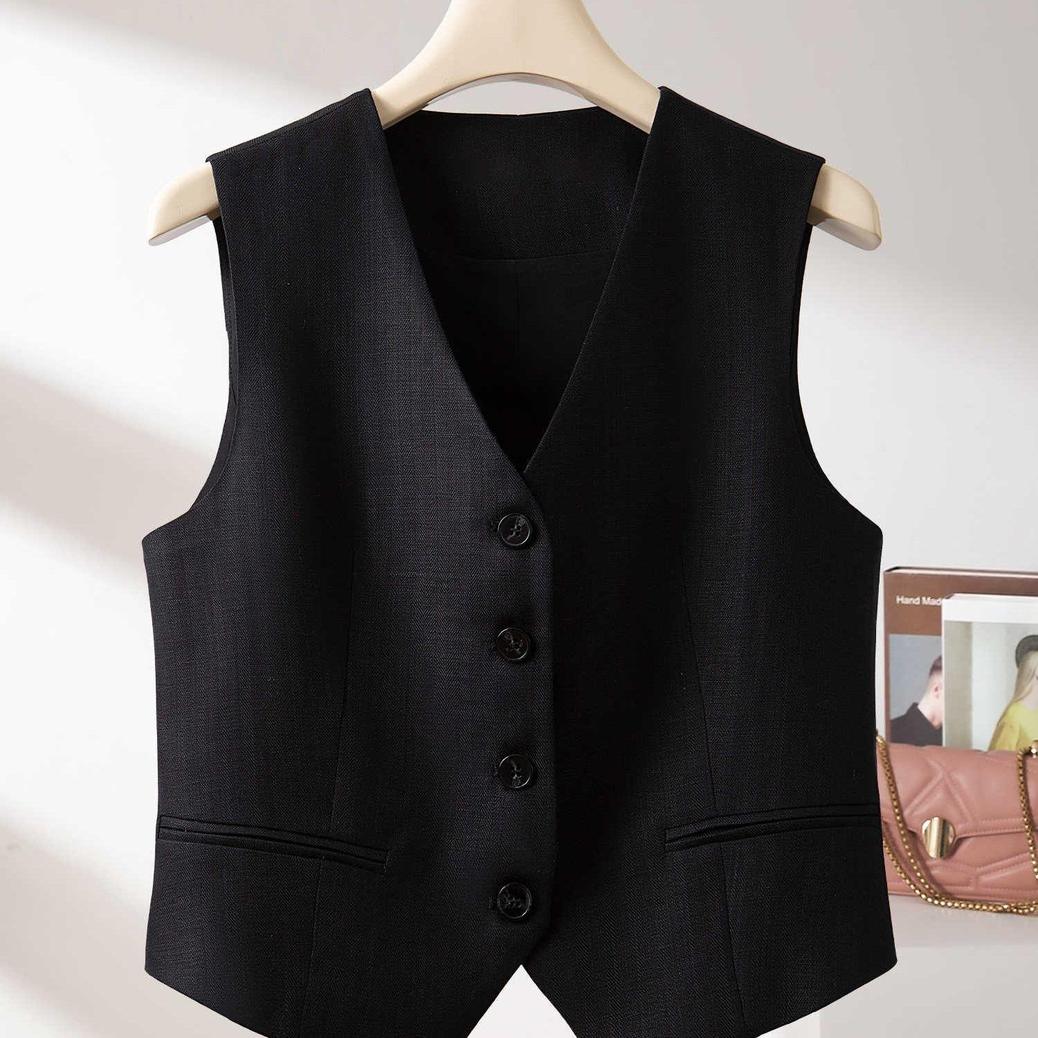 

Женский жилет Slim Fit без рукавов, короткий жилет, тонкий костюмный жилет на весну-осень, стройнящий XL чёрный