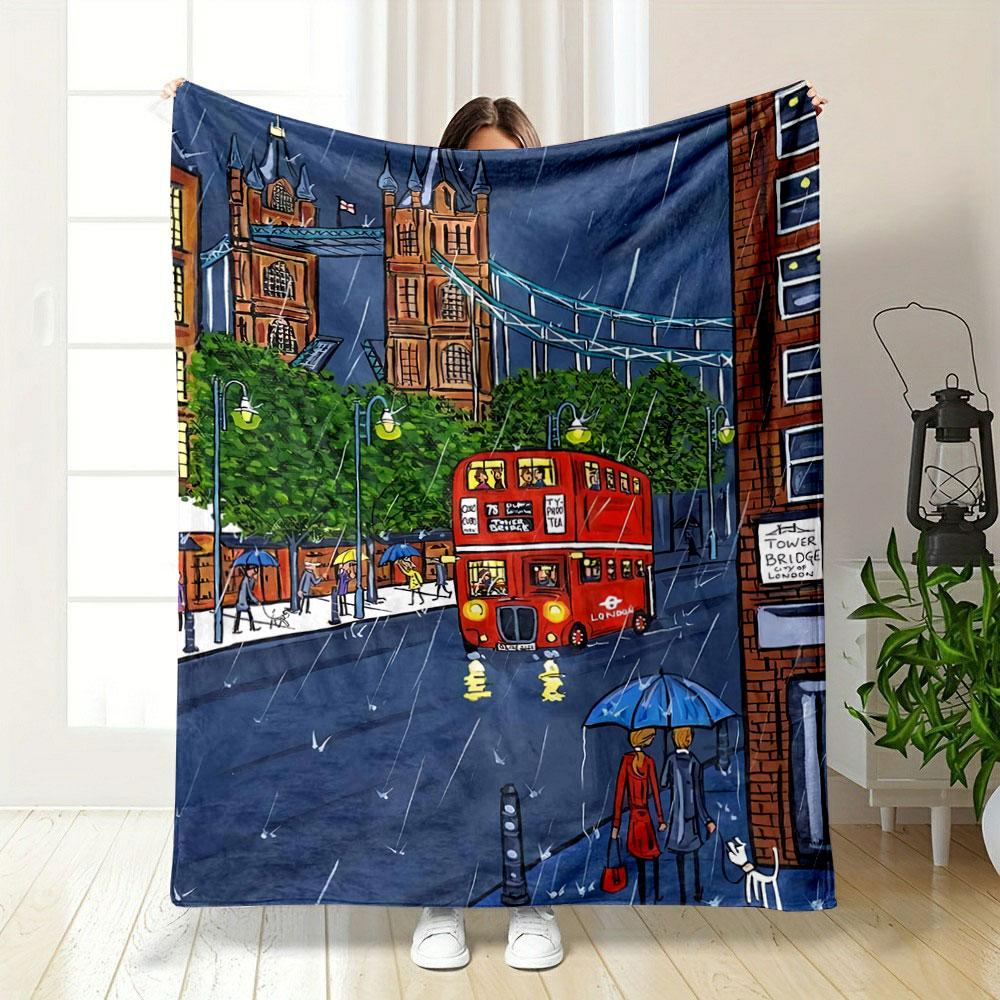A Rainy London Street Scene with Tower Bridge, Trees, and a Red Bus. for All Seasons Blanket Lunch Break Throw Gift 75X95CM