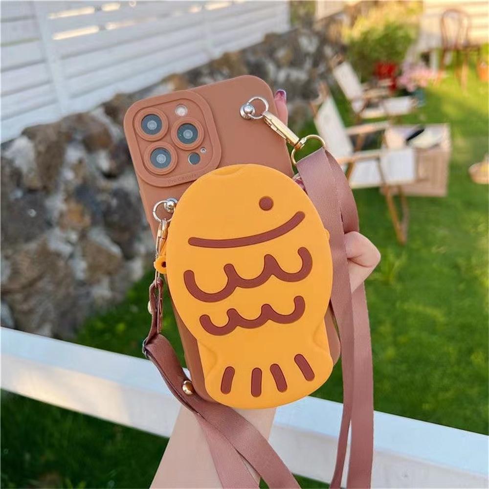 Cute 3D Snapper Wallet Lipstick Bag Crossbody Neck Rope Silicon case for 16Pro Max 11 12 13 14 15 Xr 8Plus cartoon cover