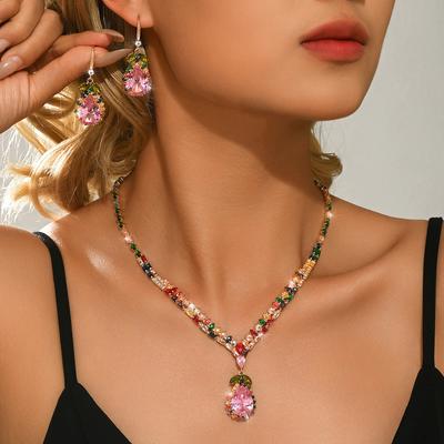 3 Pieces of Colorful High-end Zircon Necklace Earrings Set for Wedding Banquets, Parties, Birthdays, and Anniversaries As Gifts