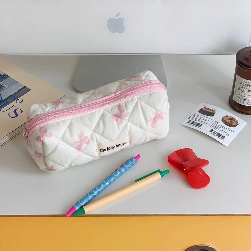 2024 Large Capacity Plaid Bow Pencil Case & Makeup Bag for Girls