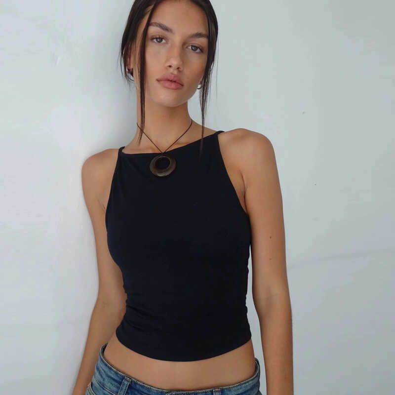 Summer New Sexy Retro Europe and America Sexy Normcore Pure Color Short Spaghetti Strap Black Vest Spaghetti-Strap Camisole Top