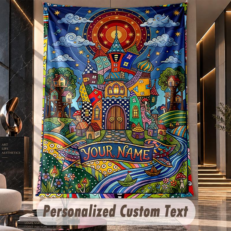 Fantasy Garden Flowers Theme Wall Tapestry Customized With Name Text Personalized Hanging Tapestry For Bedroom Living Room Decor