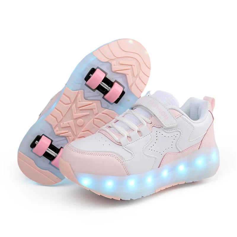 Kid Led Sneakers Usb Charging Luminous Shoes Outdoor Sport Roller Skates Children Four Wheels Boys Girls Casual Shoes Glowing
