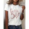 Women's Hello 50 Heart Print T-Shirt Casual Crew Neck Short Sleeve 50th Birthday Summer Top