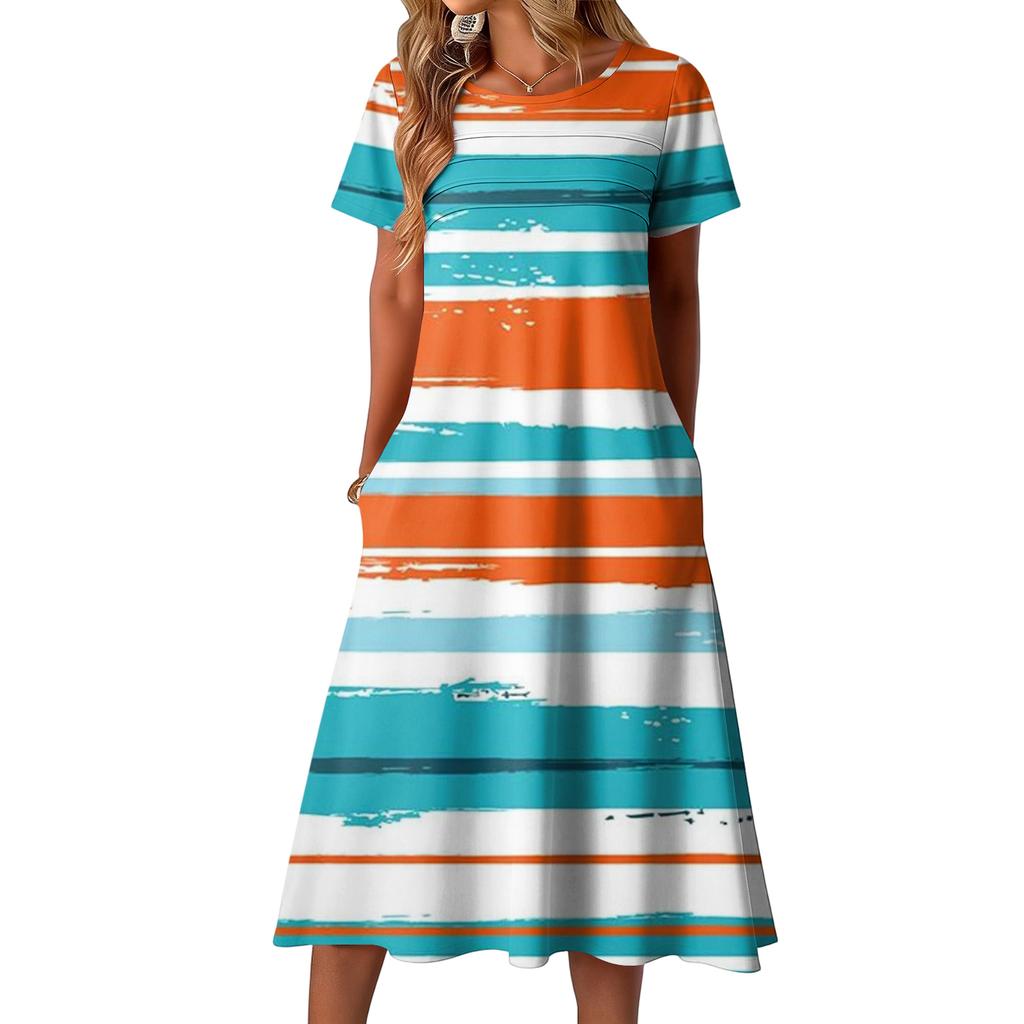 Ladies' Striped Printed Casual and Fashionable Short Sleeved Round Neck Dress