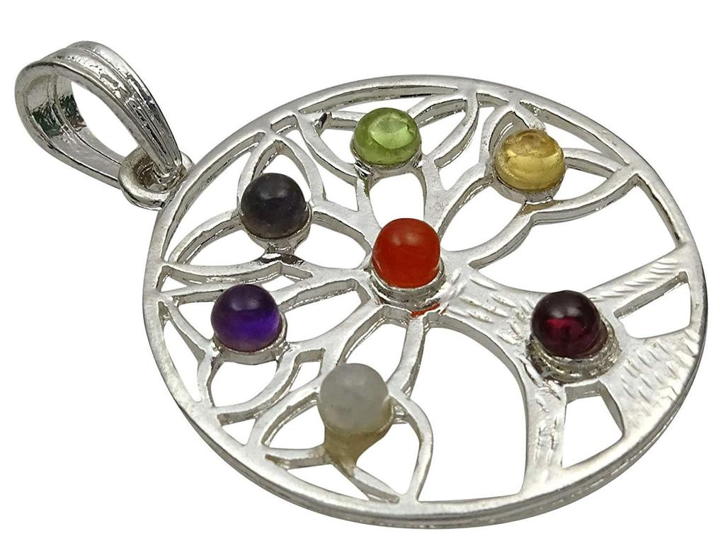 Harmonize Silver Tone Tree Of Life 7 Chakra Pendant Reiki Healing Stone Spiritual