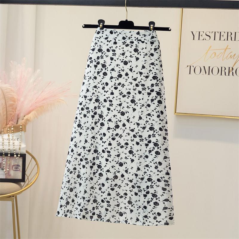 Falda Midi Floral para Mujer en Verano Falda de Cintura Alta en Forma de A Moda Falda de Gasa Versátil
