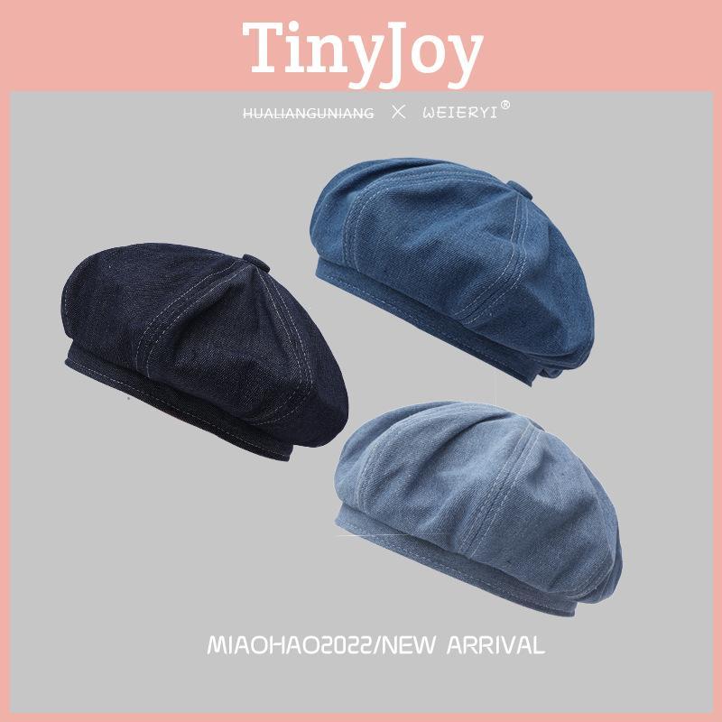 Retro Style Artistic Womens Beret In Denim Blue Warm Cotton Fabric For Seasons All