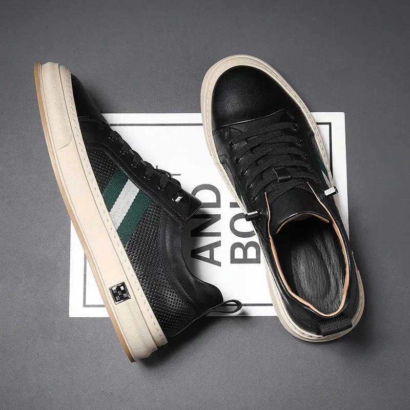 European New Shoes for Men Genuine Leather Casual Shoes Spring High End Striped Flat Skateboard Shoes Cow Leather Sneakers 45-48