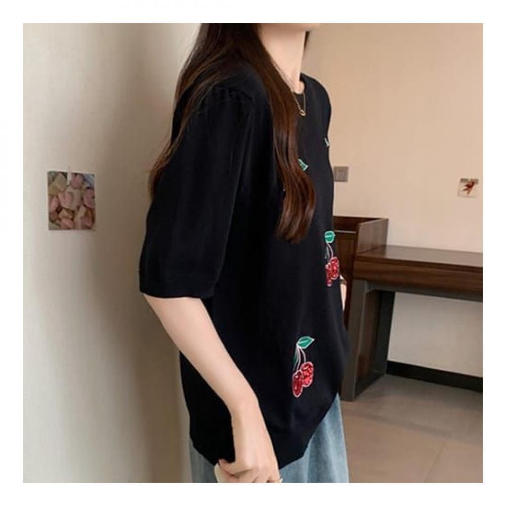Navava Ice Cool Short Sleeve Knit With Cherry Embroidery Nk2110