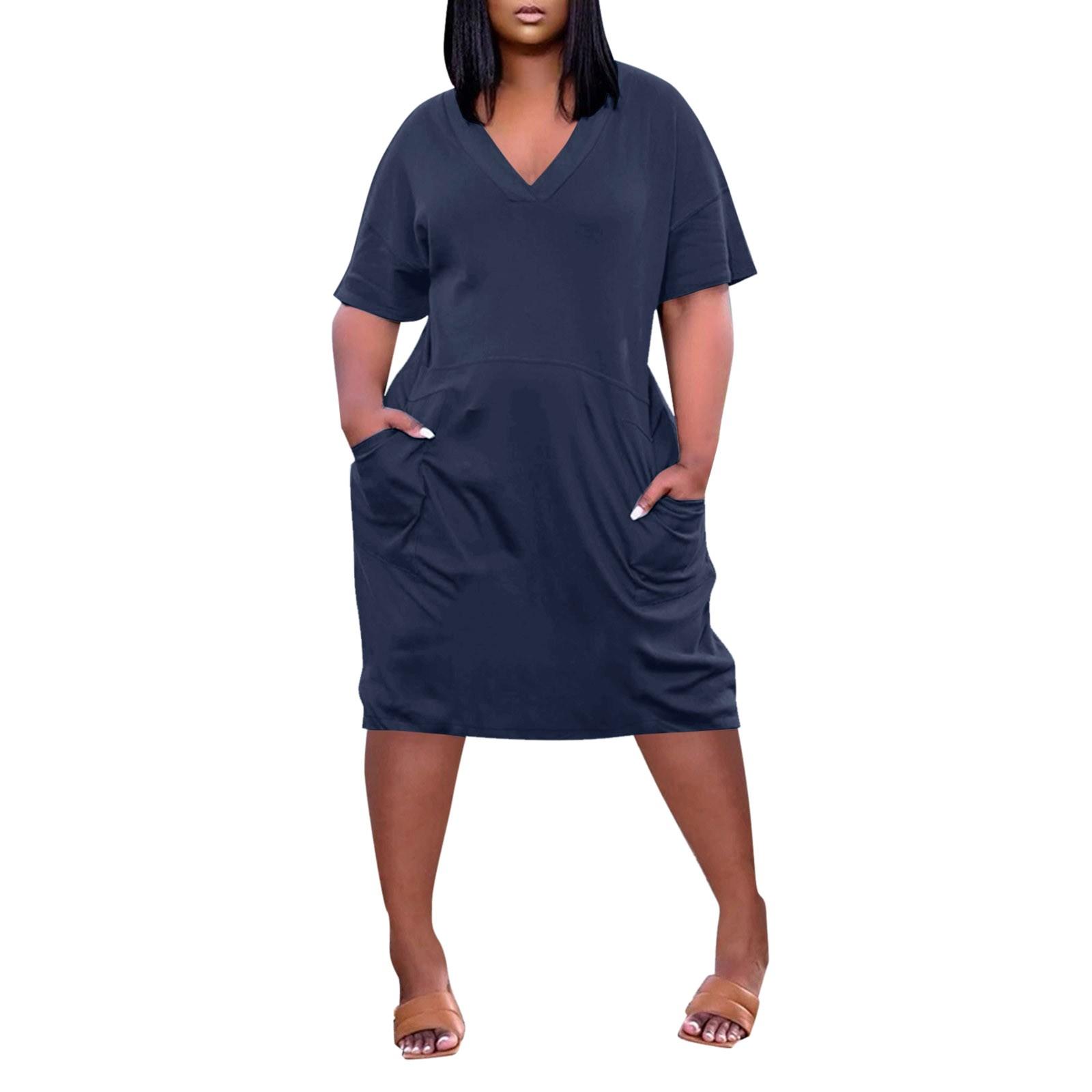 

Літня повсякденна сукня з V-подібним вирізом і короткими рукавами, кишенями до колін, чорного кольору для жінок XXXXXL Темно-синій