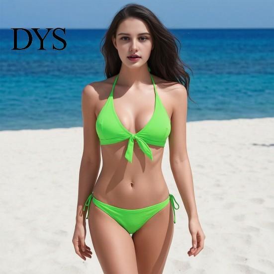 Body Contour Swimwear Women's 2 Piece Bikini Set Triangle Push Up Halter Top And Low Rise Tie String Thong Swimsuit Summer Beach Sexy Bathing