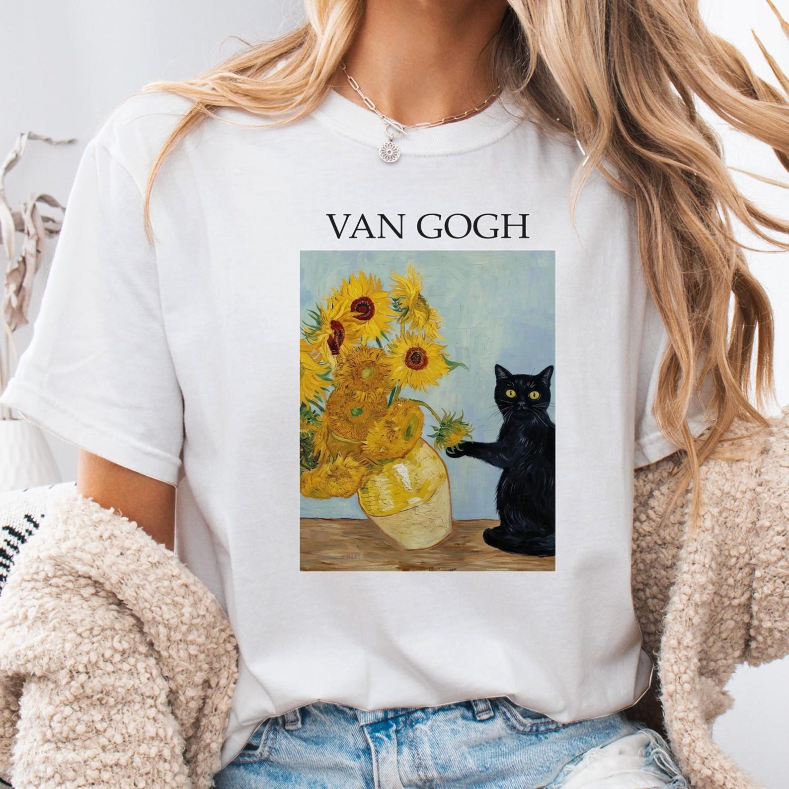 Van Gogh Sunflowers Black Cat Shirt, Post Impressionist Art Tee S