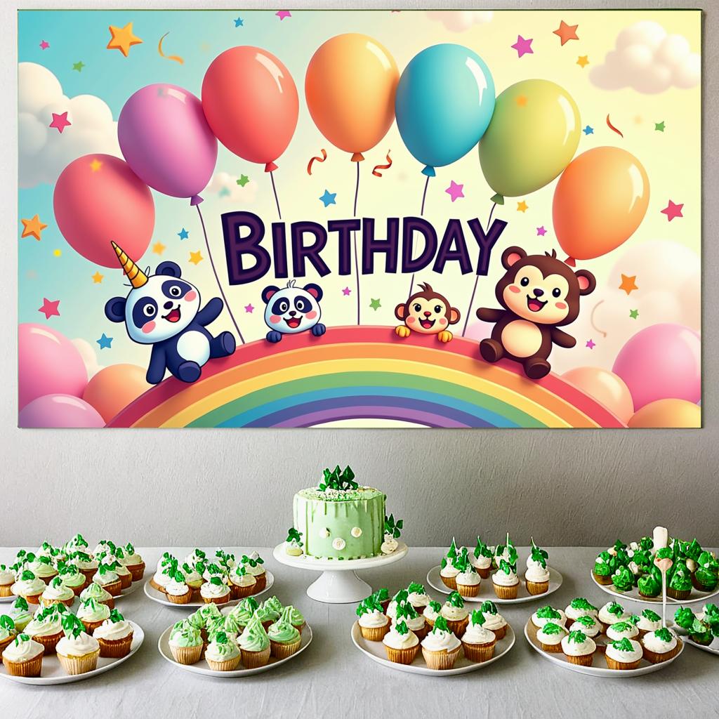 Multicolored Event Backdrop Whimsical Colorful Animal Design Celebration Banner Festive Photo Background for Child's Birthday