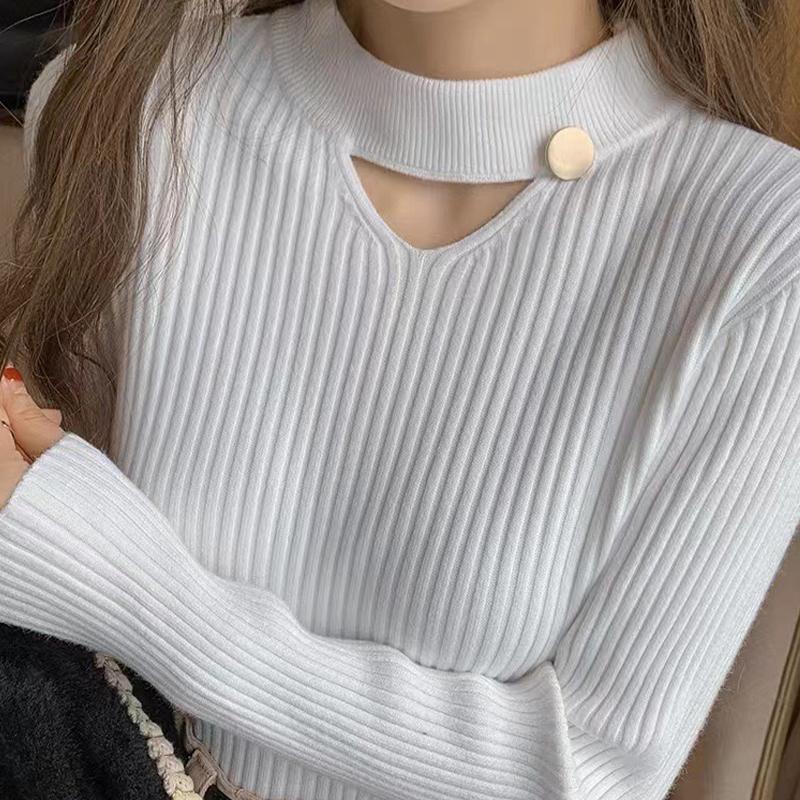 Dutý svetr s kulatým výstřihem Pletený módní přiléhavý top pro ženy