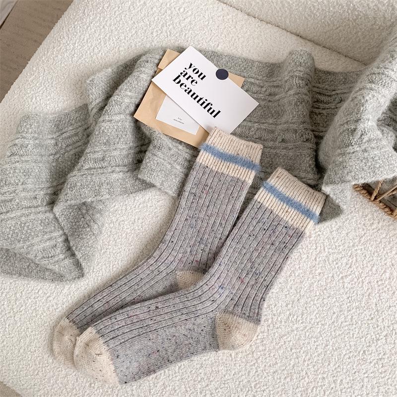 

Women s Korean Style Wool Mid-Calf Socks - Thickened Autumn and Winter Warmth in Grey, Blue Color Block and Faux Mink Velvet Stripes One Size
