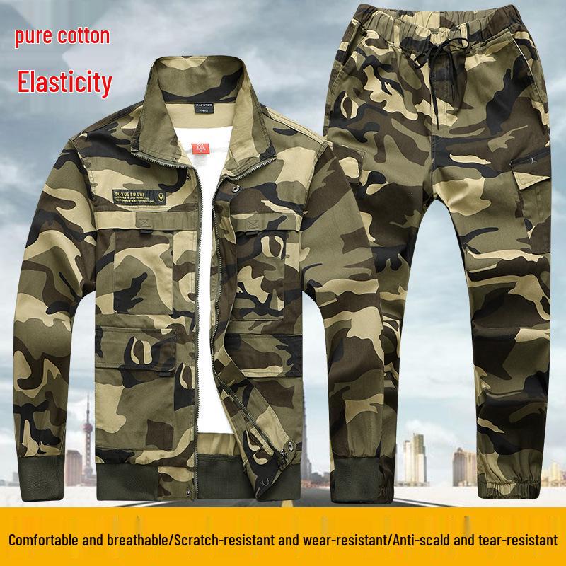 Men's Spring/Autumn Camouflage Work Suit - Pure Cotton, Elastic Labor Protection Wear