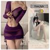 Sexy Lingerie Sexy Purple Mesh Perspective Long-sleeved Hip Skirt Waist Pure Desire Internet Celebrity Drawstring Pleated Uniform Women