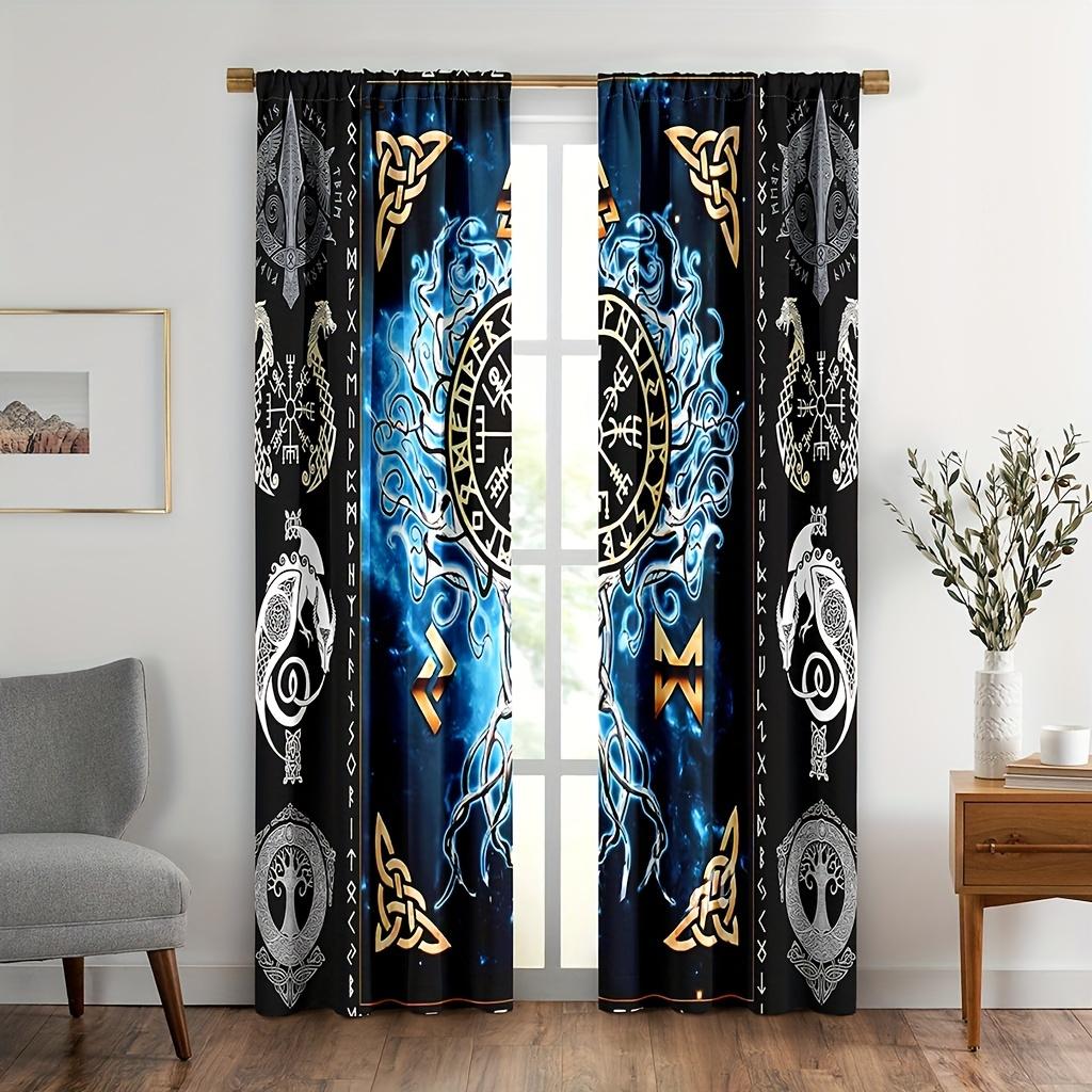 2pcs Viking-Inspired Curtains with Pirate Totem & Tree of Life Design - UV Protective, Semi-Transparent Polyester Drapes for Bed