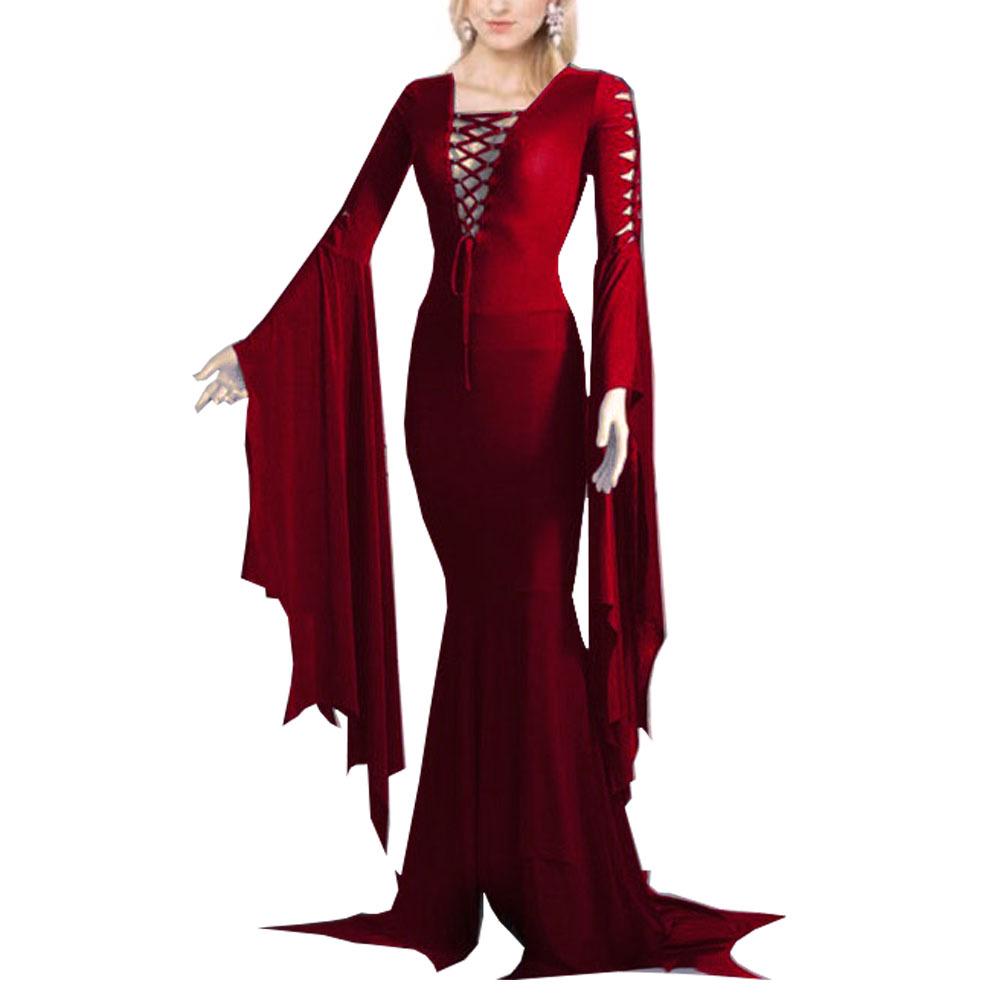 2023 Schwarz & Rot Vampirkostüm - Langes Kleid mit Rundhalsausschnitt & Schnürdetails