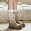 Women's Mid Calf Cowgirl Boots Round Toe Biker Motorcycle Riding Boots for Women Low Chunky Heels Western Combat Booties Slip On Casual Cowboy Boots