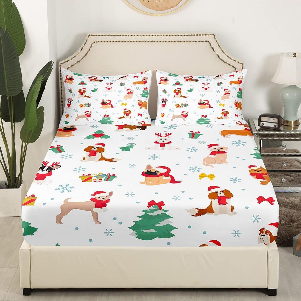 Christmas dog pattern mattress four-piece bedding set bedroom dormitory bedding decoration