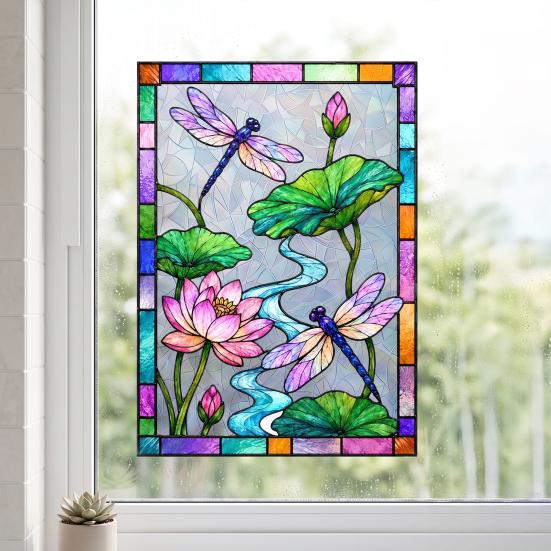 Waterproof Window Film Dragonfly Lotus Stained Glass Style Cling, Rainbow Suncatcher Static Pattern Decal, Privacy for Home Door Balcony Bathroom